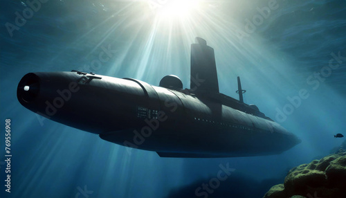 Wallpaper Mural Bottom view and side view of a black nuclear military submarine moving underwater in the sea near the seabed with sunlight coming from directly above. Generative Ai. Torontodigital.ca