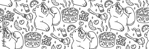 Meat dumplings outline pattern. Dough and meat products background doodles. Bear eats pelmeni.