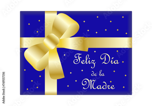 Regalo azul del día de la madre con inscripción y lazo dorado
