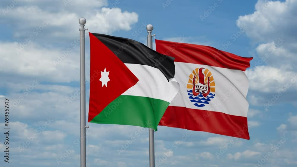 French Polynesia and Jordan two flags waving together, looped video, two country relations concept French Polynesia and Jordan two flags waving together, looped video, two country relations concept