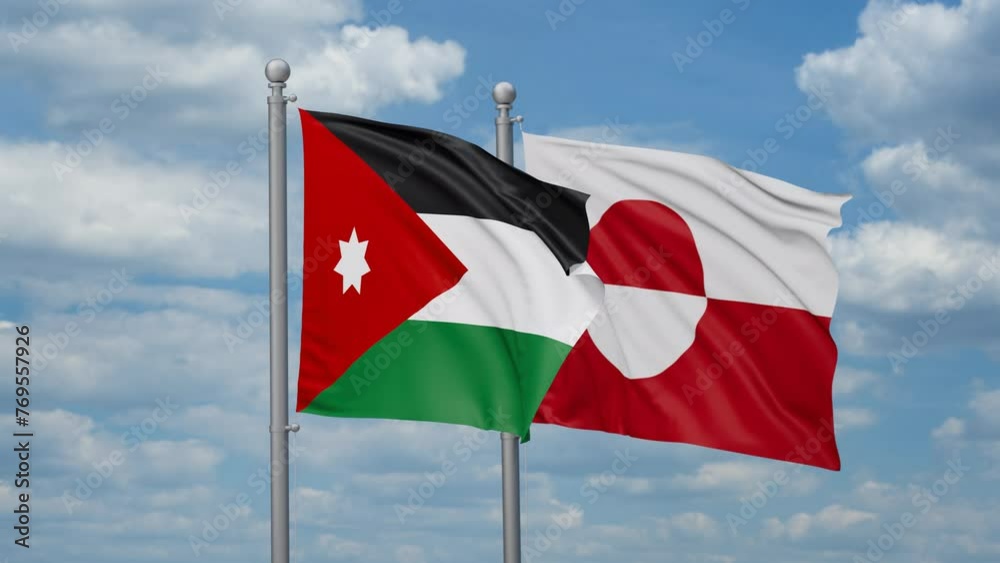 Greenland and Jordan two flags waving together, looped video, two country relations concept Greenland and Jordan two flags waving together, looped video, two country relations concept