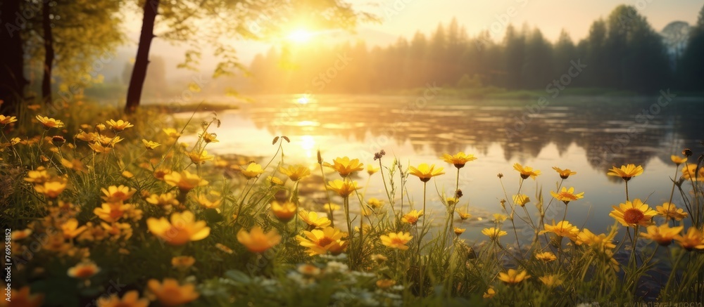 A stunning natural landscape of yellow flowers field next to a serene lake under the colorful sunset sky, creating a beautiful and peaceful scene