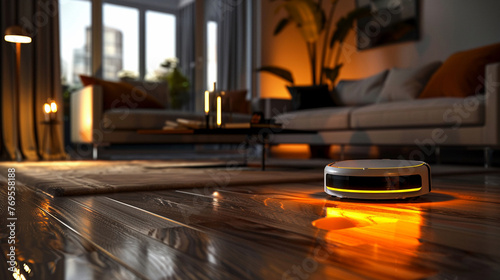 Robotic cleaner with HUD for environmental data, warm glow, bird's-eye, intelligent cleaning tech,