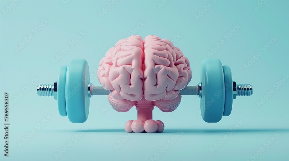 Conceptual Illustration of Brain Health, Anthropomorphic Brain Character with Dumbbells, Cognitive Strength Training, Light Blue Minimalist Background, close-up - obrazy, fototapety, plakaty 