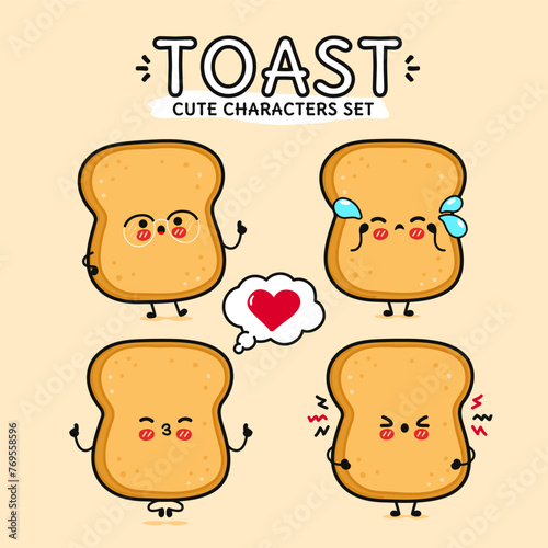 Funny cute happy Toast characters bundle set. Vector hand drawn doodle style cartoon character illustration. Isolated on brown background. Toast mascot character collection photo