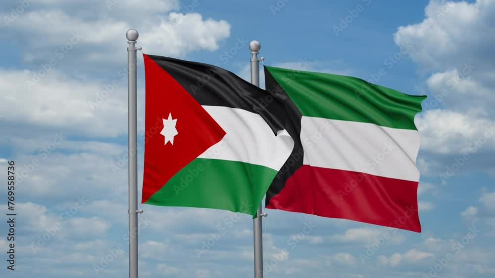 Kuwait and Jordan two flags waving together, looped video, two country cooperation concept Kuwait and Jordan two flags waving together, looped video, two country cooperation concept