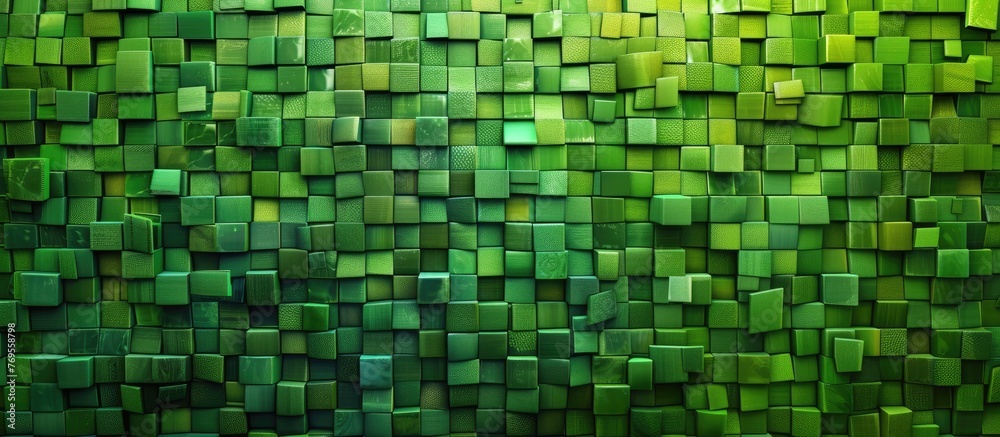 Fototapeta premium Abstract green square pixel mosaic wall backdrop and pattern.