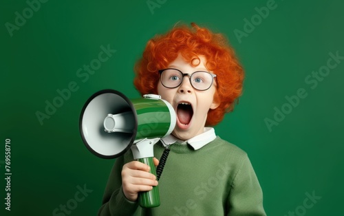 handsome boy with glasses, dressed in green sweater, screams with his mouth wide open into megaphone