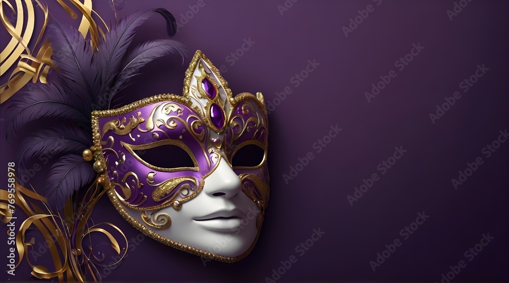 White, blue and yellow Venetian carnival mask with hard shadow on the left side, on yellow background. Carnival, masquerade, skin.Generative Ai   