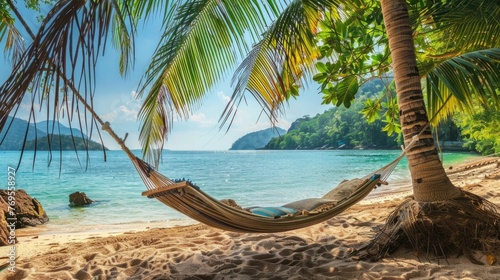 Hammock gently swaying between two towering palm trees,set against the backdrop of a breathtaking tropical beach The turquoise waters of the ocean lap at the golden