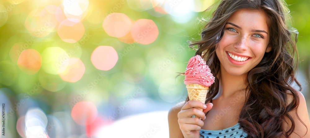 Woman delighting in ice cream amid city park backdrop, offering room for text placement