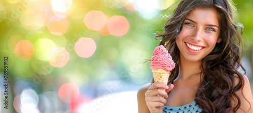 Woman delighting in ice cream amid city park backdrop, offering room for text placement