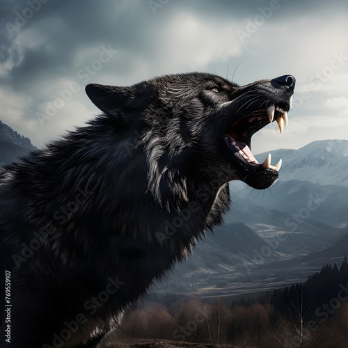 Black wild wolf howling in the forest