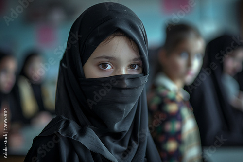 Portrait d'une belle jeune fille naturelle de religion islamiste vétue de noir avec un voile dans une salle de classe