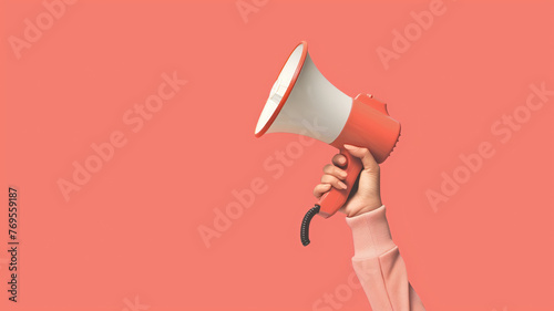 Hand holding megaphone, marketing and sales, single color background, Generative AI