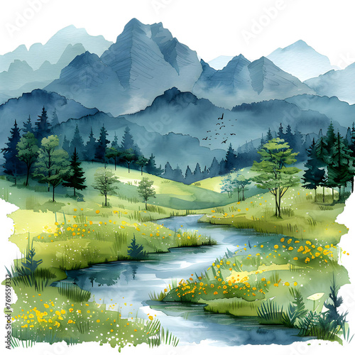 Spring mountain watercolor landscape.