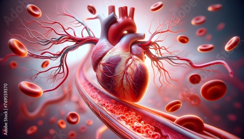 a human heart with arteries and veins surrounded by red blood cells, depicting the cardiovascular system and blood circulation. 3d illustration.