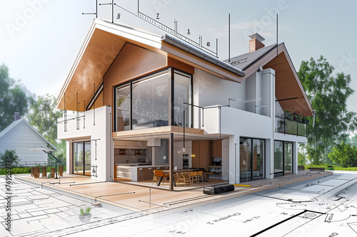Projet de construction d'une maison d'habitation moderne d'architecte sous forme d'esquisse avec plan