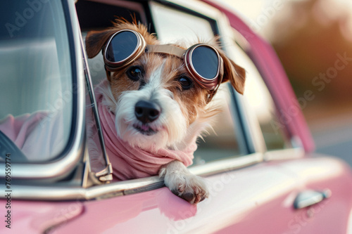 Petit chien mignon et heureux  de race  terrier regardant par la fenêtre d'une voiture vintage rose photo
