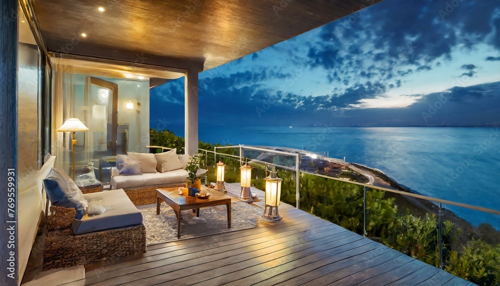 Fototapeta premium Oceanfront Serenity: Modern Cottage Terrace Night View