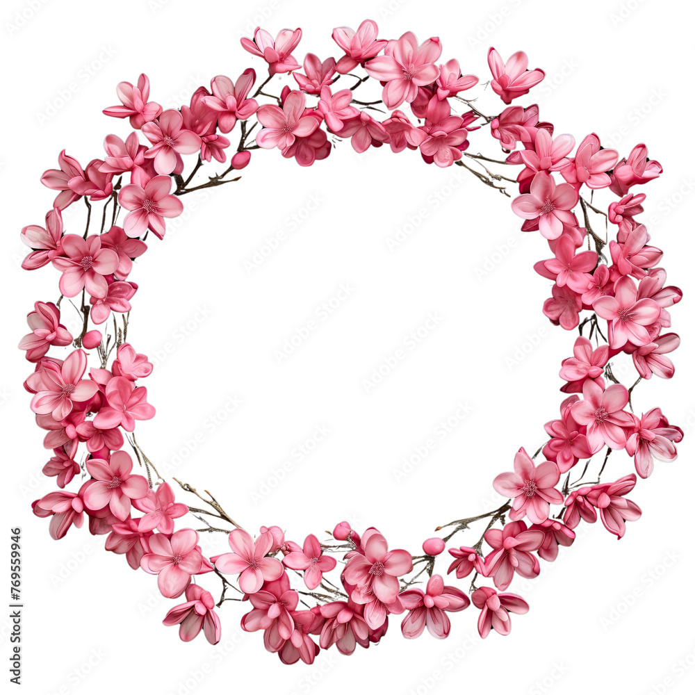 Wreath of flowers, flower wreath round frame borders, floral decoration, transparent background, Flat lay, top view