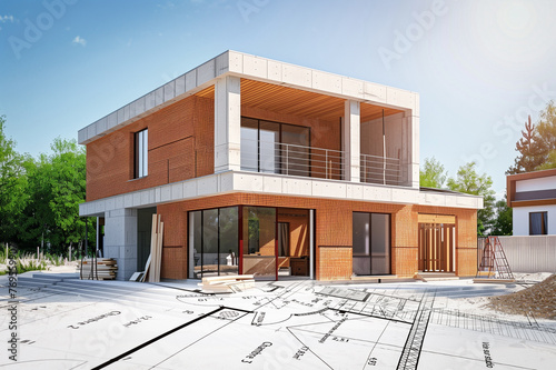 Projet de construction d'une maison d'habitation moderne d'architecte sous forme d'esquisse avec plan