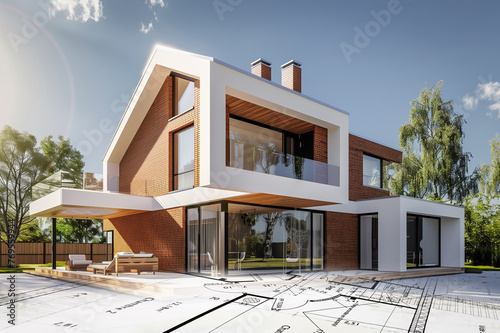Projet de construction d'une maison d'habitation moderne d'architecte sous forme d'esquisse avec plan © Chlorophylle