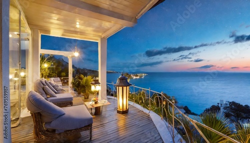 Oceanfront Serenity: Modern Cottage Terrace Night View"
