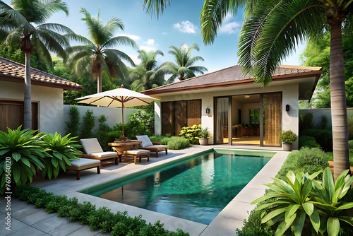 house building Exterior and interior design showing tropical pool villa with green garden © misho