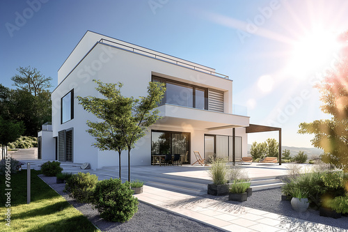 Belle maison d'architecte blanche moderne à toit plat avec jardin