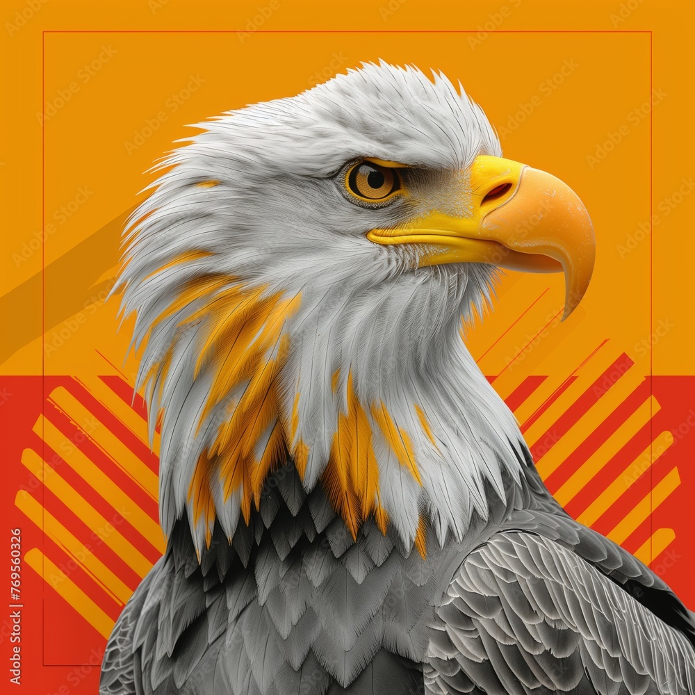 Obraz premium Majestic eagle portrait on orange background: digital artwork of a detailed bird of prey head with a bold orange backdrop, highlighting its fierce gaze