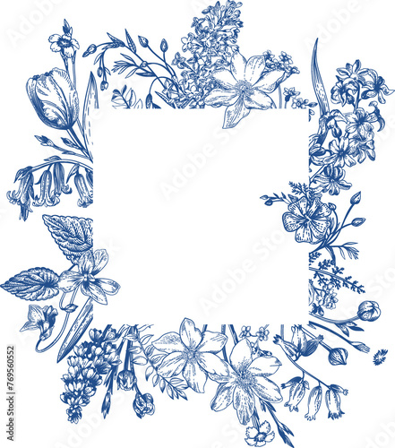 Floral pattern with square frame. Blue drawing. Save the date card. Garden spring flowers.