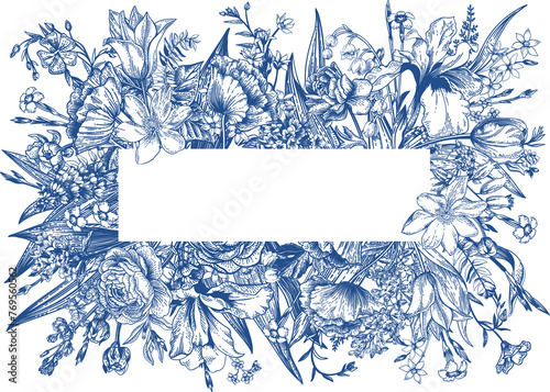 Floral frame. Card with place for text. Horizontal. Ranunculus, forest anemone, white iris, carnation, flax, forget-me-not, lilac, levkoy. Blue drawing.