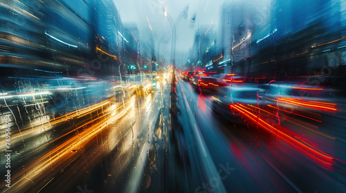 Motion blur transforms the highway into a dynamic display of light and movement against the cityscape.