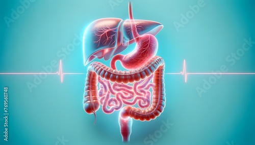 human internal organs, including the liver, stomach, and intestines, displayed in a translucent form with a glowing outline against a teal background with a heartbeat line running across it.  photo