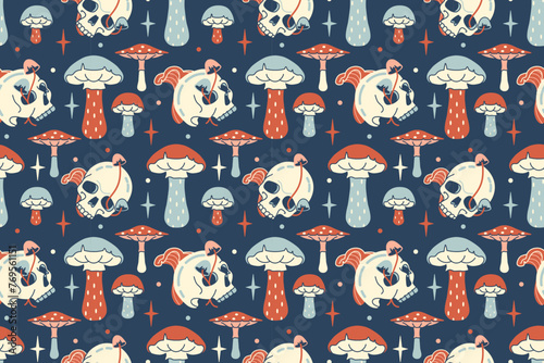 Dark seamless wallpaper. Cottage core Halloween aesthetic, trippy vision, floral tricky backdrop. Spooky night background with mushrooms and skulls
