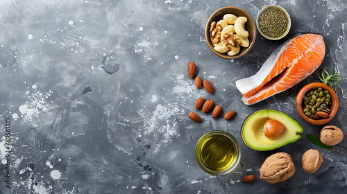 Selection of healthy fat sources on grey background Healthy fat salmon avocado oil nuts. Generative Ai