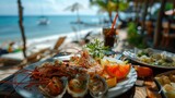 Inviting scene of a beachfront restaurant,where diners are indulging in a delectable seafood feast The table is adorned with a variety of fresh,local seafood dishes,including