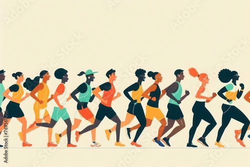 A minimalist illustration features a group of people going for a morning jog together. The motivation and harmony found in shared physical activity.