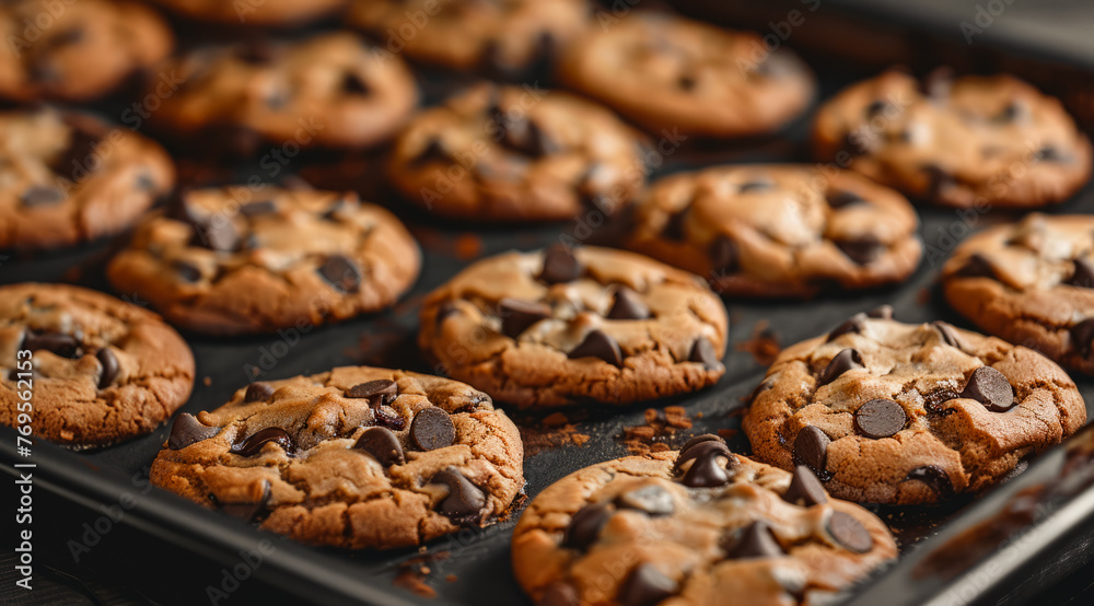 Freshly baked chocolate chip cookies on baking tray Freshly baked chocolate chip cookies on baking tray