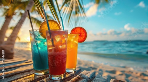 Beach cocktail an array of colorful and refreshing tropical-inspired drinks Glasses filled with iced beverages,adorned with citrus slices and decorative straws