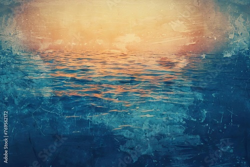 Abstract blue sea and sky gradient with golden light leak effect. Grainy textured background