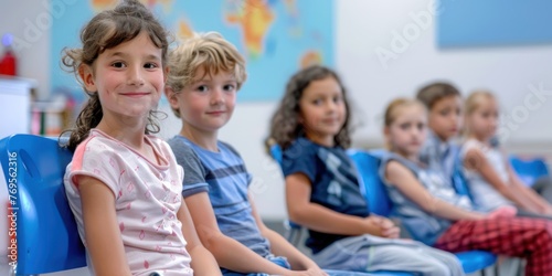 A group of children sitting in the waiting room of a pediatric clinic. 