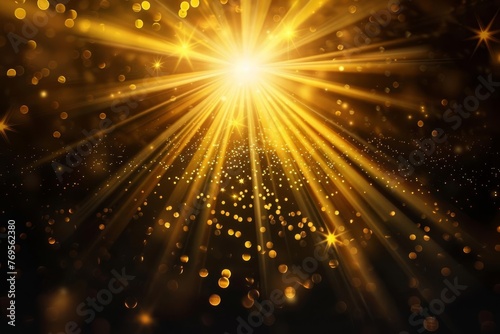 Abstract Digital Sunburst with Golden Light Flares on Black  Celestial Explosion Background