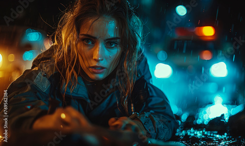 Dramatic portrait of beautiful woman in rainy night