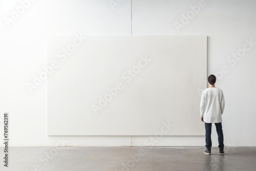 In a sparse studio space, an artist stands before a blank canvas