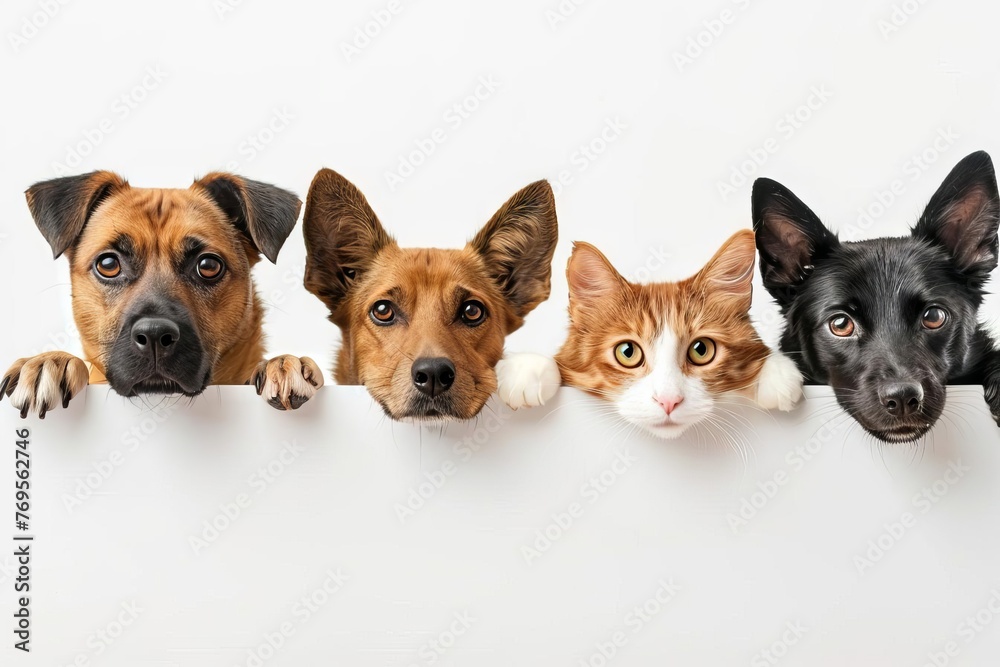 Adorable dogs and cats peeking out from behind white banner, cute and funny animal friends, pet advertising Adorable dogs and cats peeking out from behind white banner, cute and funny animal friends, pet advertising