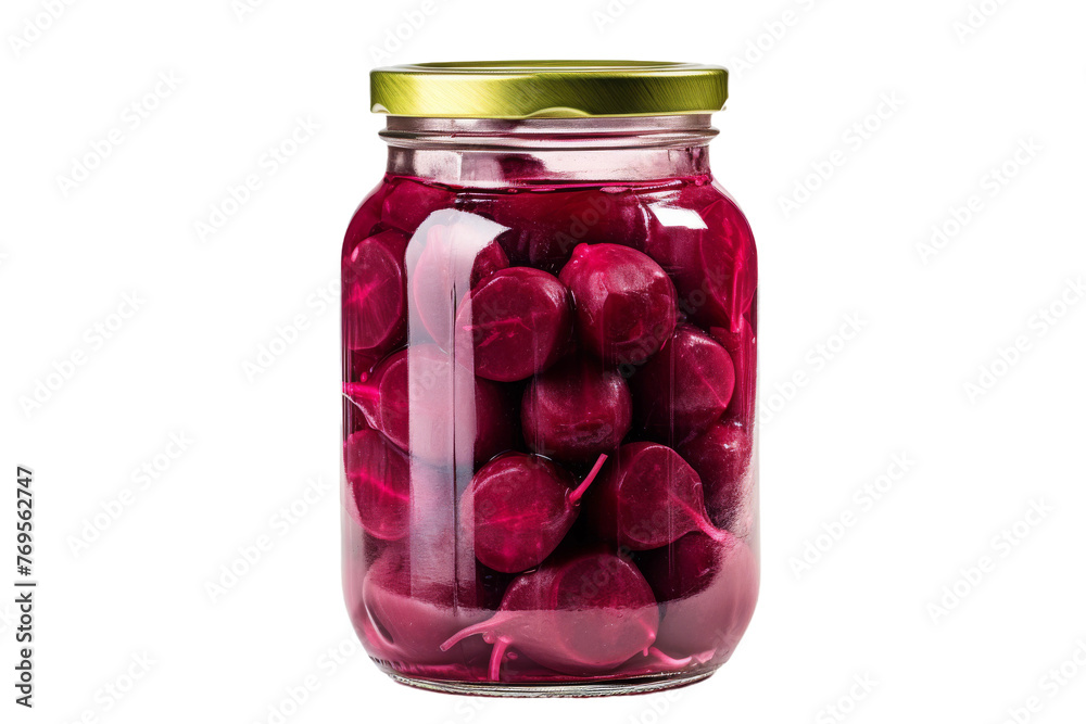 Crimson Treasures: a Jar of Pickled Beets. On a White or Clear Surface PNG Transparent Background. Crimson Treasures: a Jar of Pickled Beets. On a White or Clear Surface PNG Transparent Background.