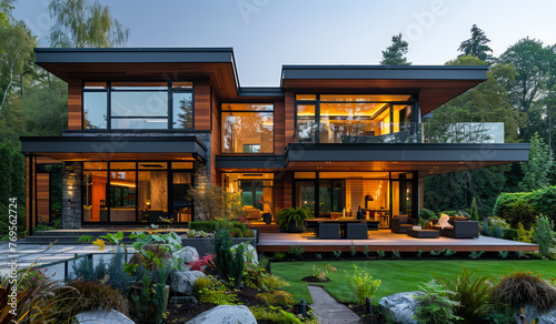 Modern house in the suburbs at sunset in Vancouver Canada