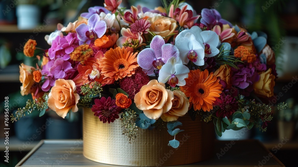 Luxurious Floral Arrangement in Gold Pot with Vibrant Orchids and Orange Blooms